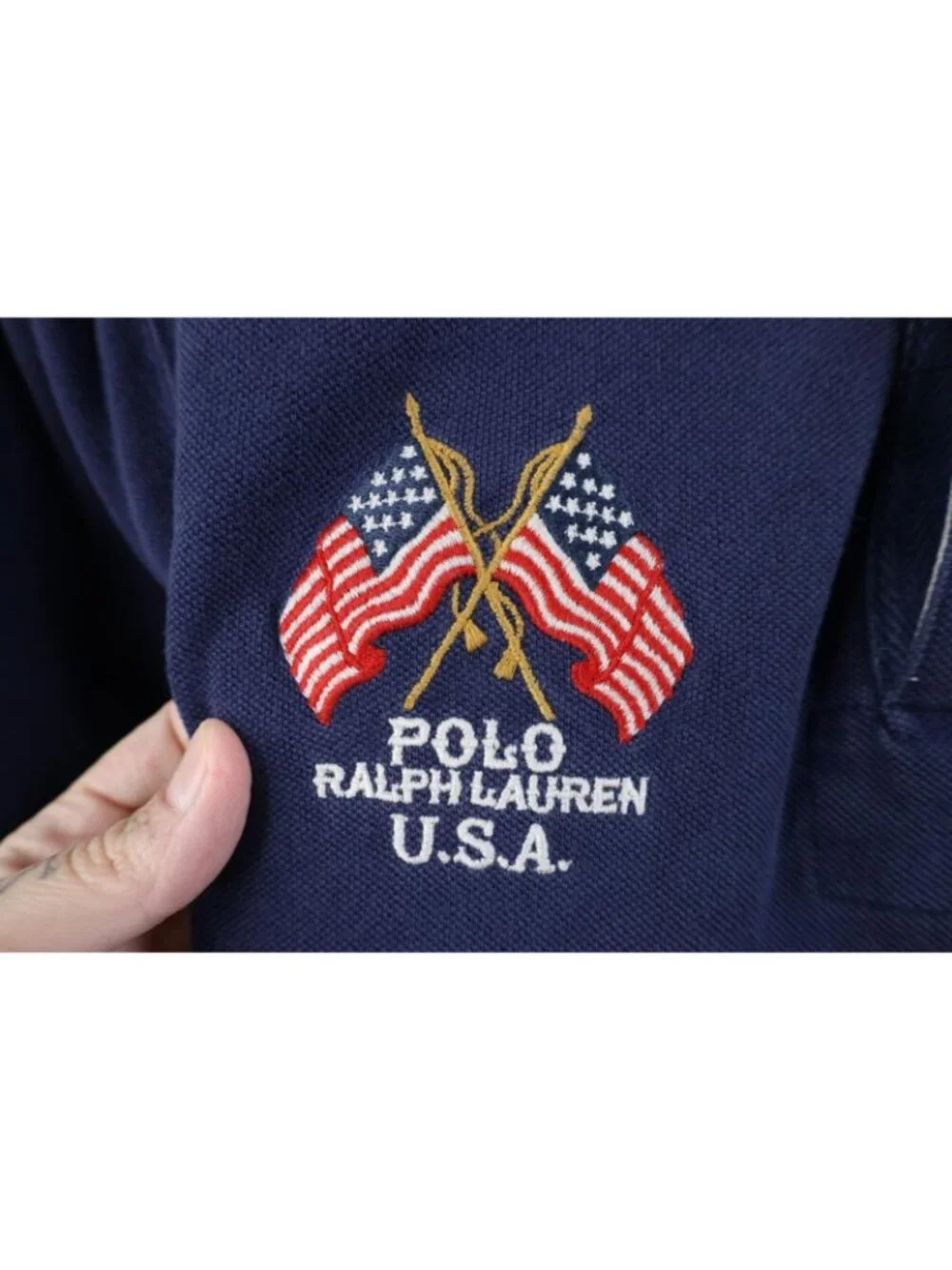 Vintage Ralph Lauren Mens Large Chambray Collar USA Flag Rugby Polo Shirt Blue
